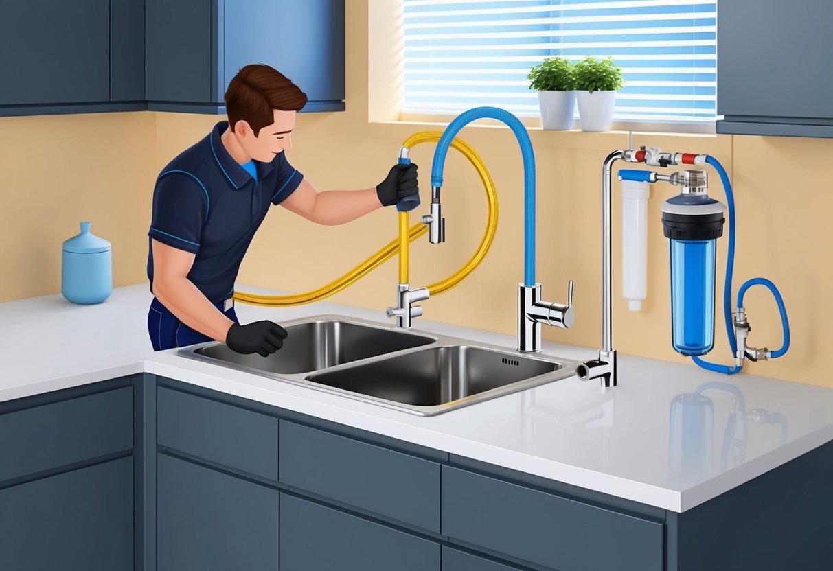 A plumber installing PEX piping in a modern kitchen, connecting it to a faucet and a water filtration system