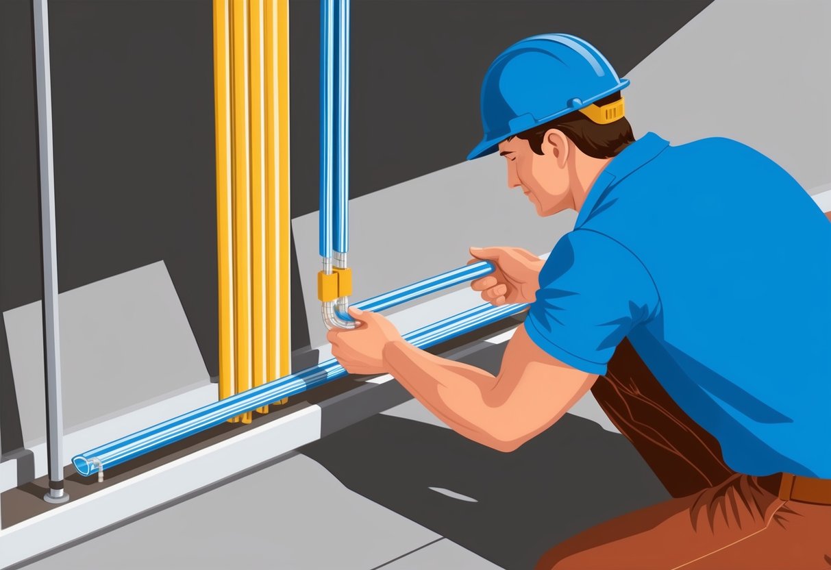 A plumber installs PEX tubing in a protective conduit, shielded from sunlight and physical damage, ensuring safe drinking water