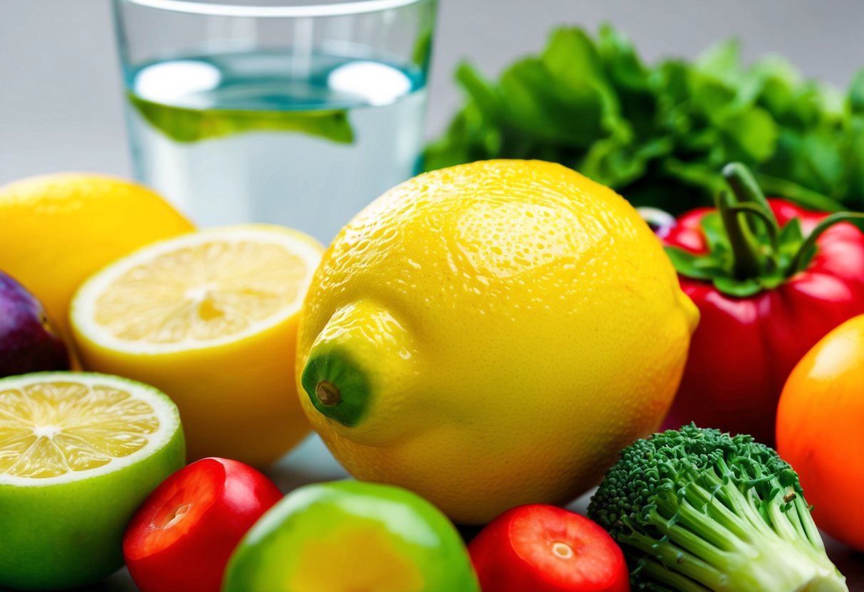 A vibrant lemon surrounded by a variety of fruits and vegetables, with a clear glass of water in the background