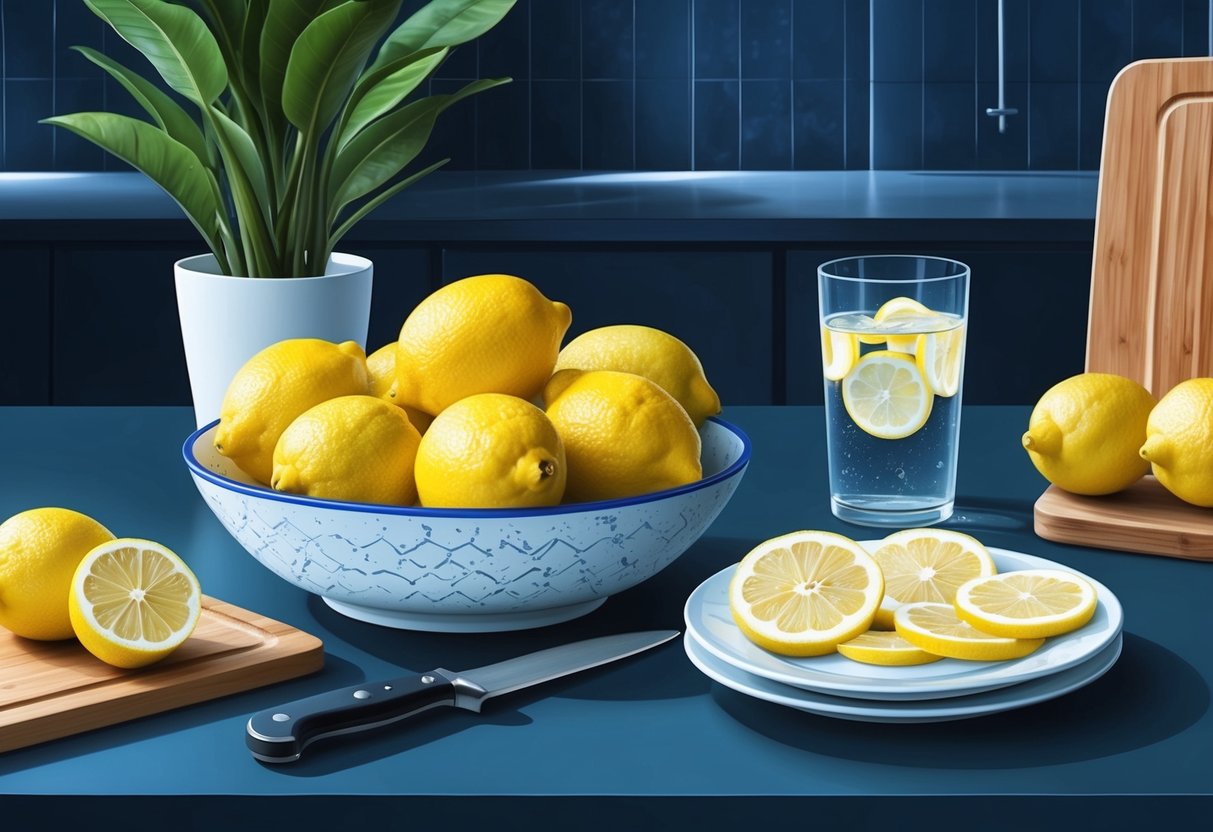 A bowl of lemons sitting on a kitchen counter next to a cutting board and knife.</p><p>A glass of lemon water and a plate of lemon slices are also present