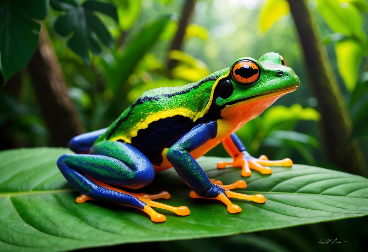 A vibrant poison dart frog perched on a leaf in a lush tropical rainforest