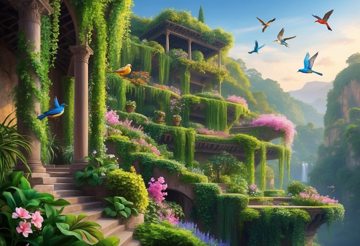 Lush greenery cascades down terraces, colorful birds flit among the foliage, and delicate flowers bloom in the hanging gardens of Babylon