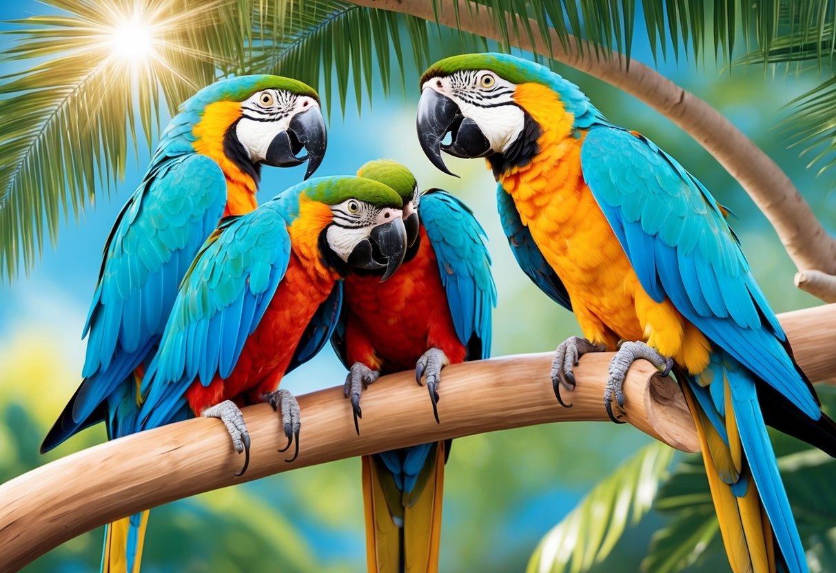 Colorful parrots perched on tropical branches, feathers radiant in sunlight.</p><p>Wings spread, beaks open in song