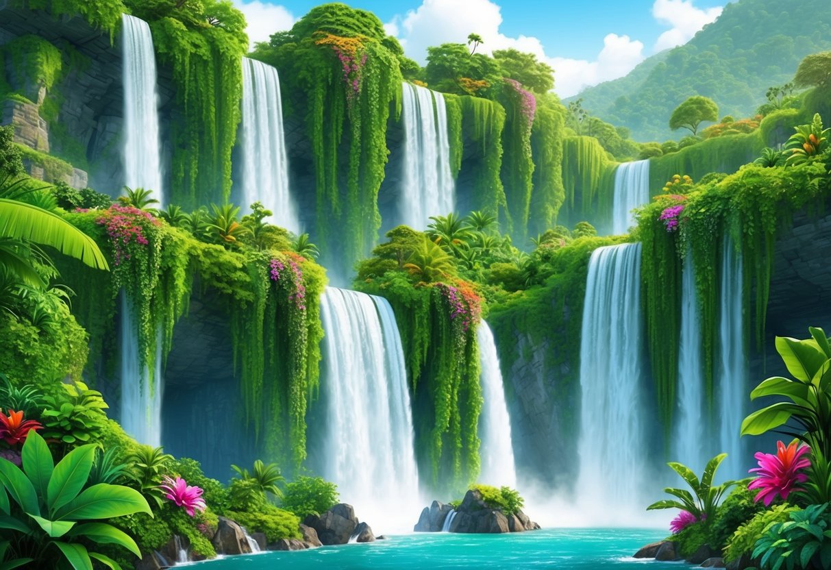 Lush greenery cascades from towering terraces, with vibrant flora and cascading waterfalls, evoking awe and wonder