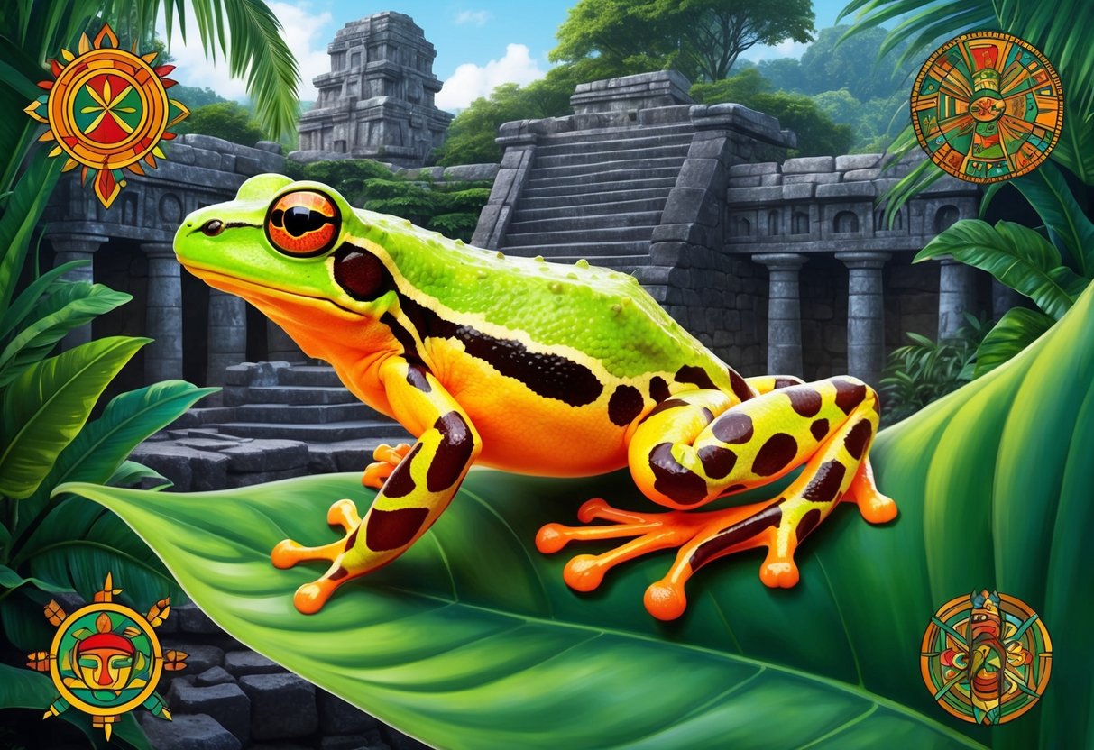 A vibrant poison dart frog perched on a lush tropical plant, surrounded by ancient ruins and symbols of indigenous culture