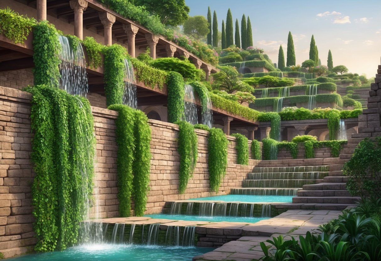 Lush greenery cascades down terraced stone structures, water trickling through intricate irrigation systems, as preservation efforts revive the ancient Hanging Gardens of Babylon