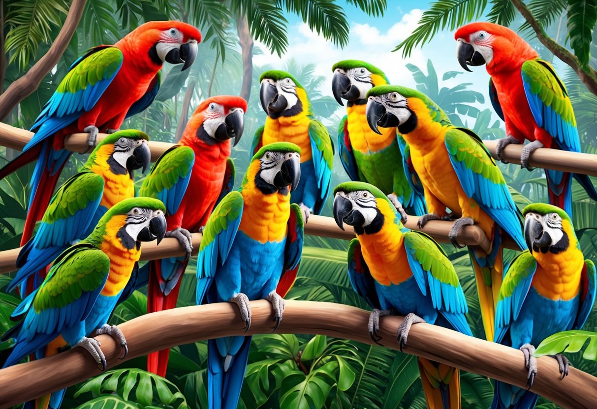 A flock of colorful parrots perched in lush rainforest trees