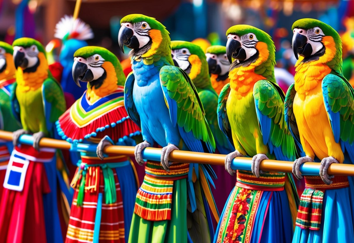 A vibrant parade of parrots in traditional attire, showcasing diverse cultural influences