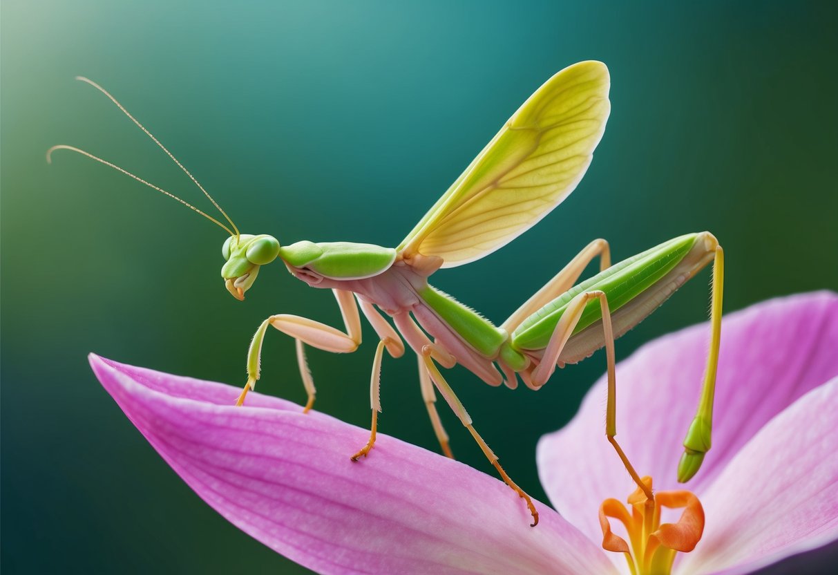 An orchid mantis perched on a delicate pink flower petal, blending seamlessly with its surroundings