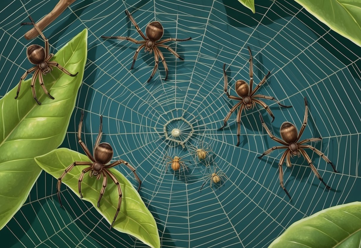 A tangled web of Australian spiders perched on leaves, waiting for unsuspecting prey to wander into their intricate traps