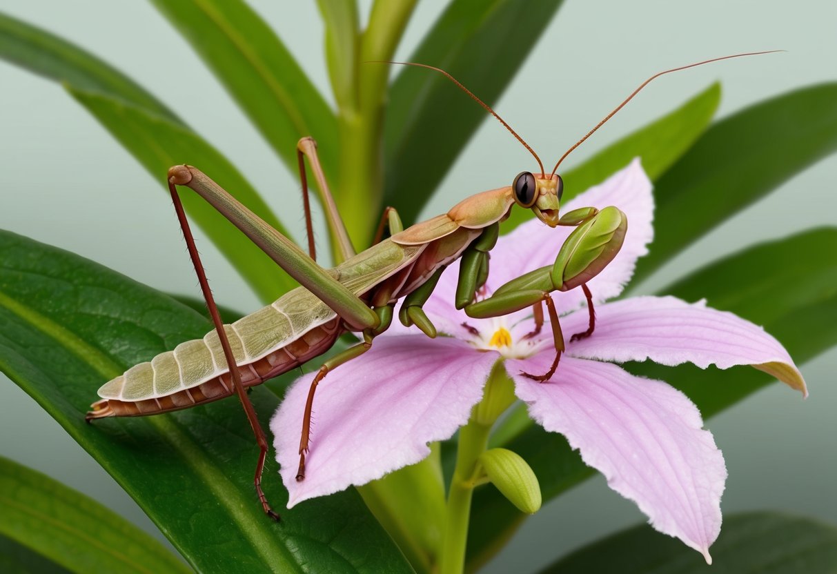 An orchid mantis perched on a delicate pink flower, surrounded by lush green foliage, showcasing its intricate body and long lifespan