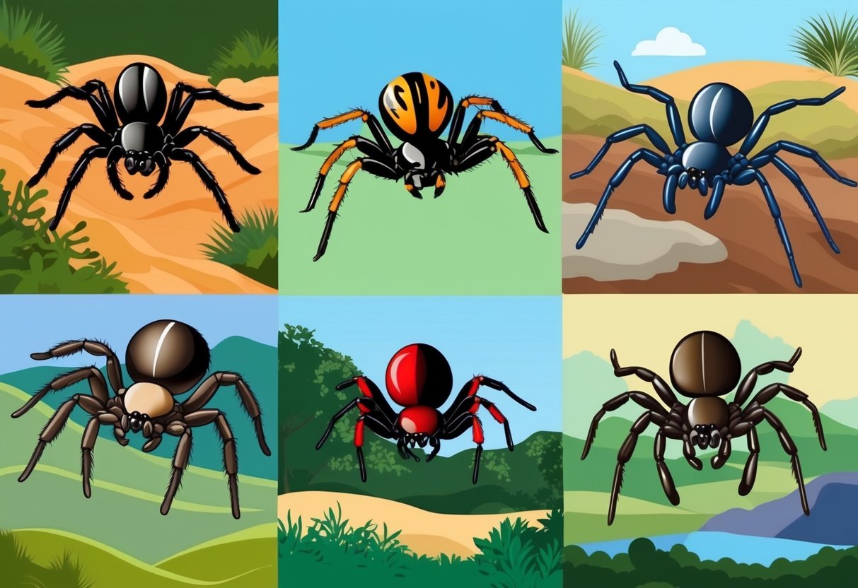 A group of Australian spiders, varying in size and color, traversing through diverse landscapes