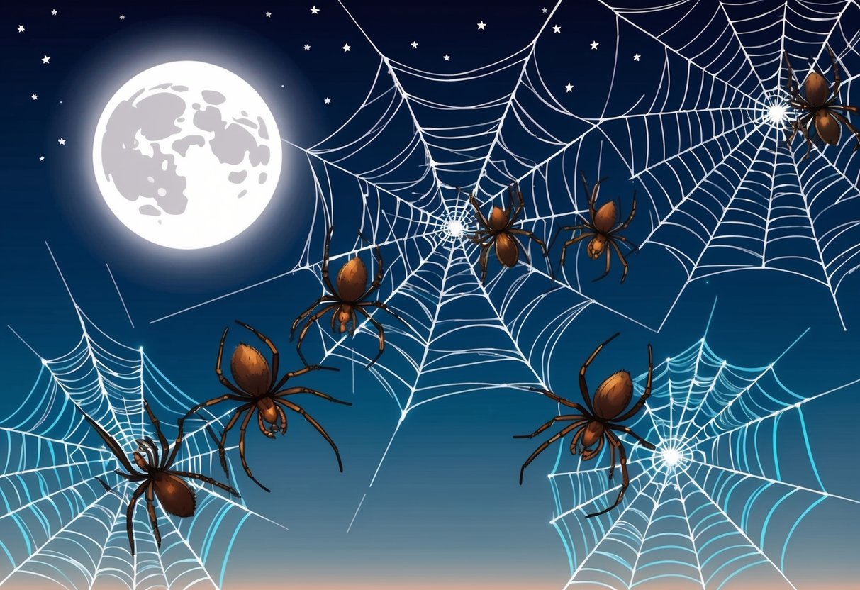 A group of spiders weaving intricate webs under the moonlit Australian night sky