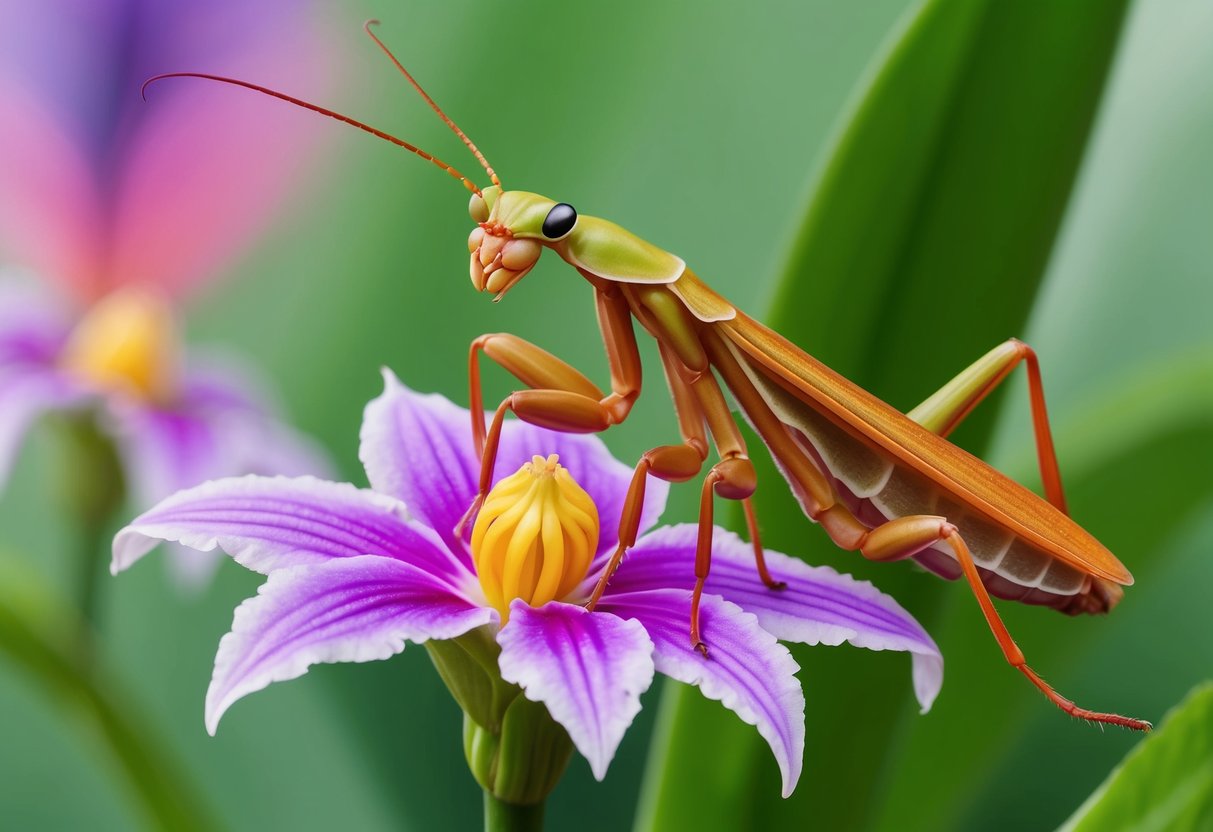 An orchid mantis perched on a flower, mimicking its colors and shape, waiting for a pollinator to approach