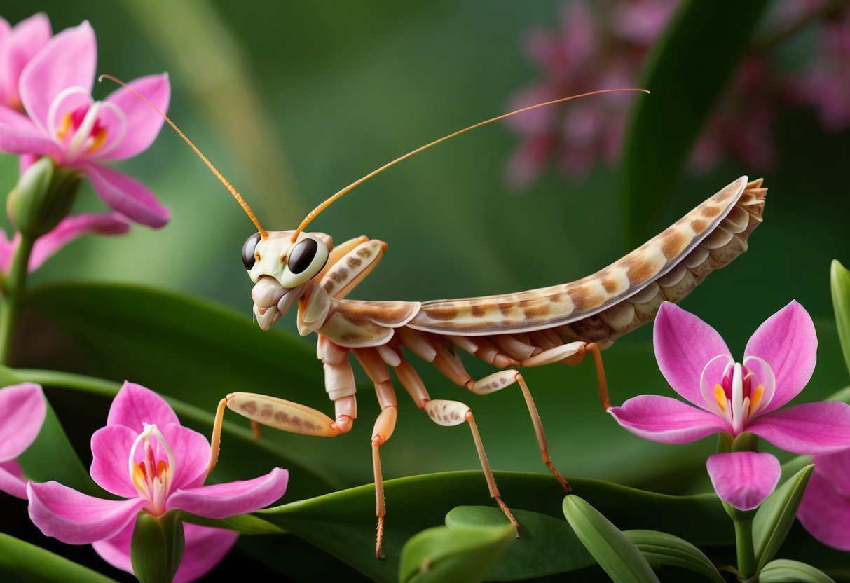 An orchid mantis camouflaged among pink flowers, waiting to ambush unsuspecting prey