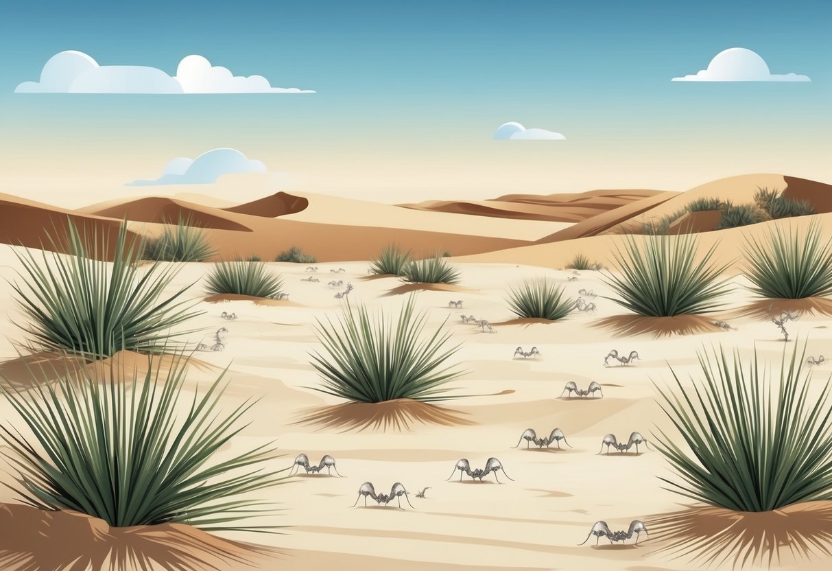 A desert landscape with sparse vegetation and sandy dunes, where silver ants scurry across the ground