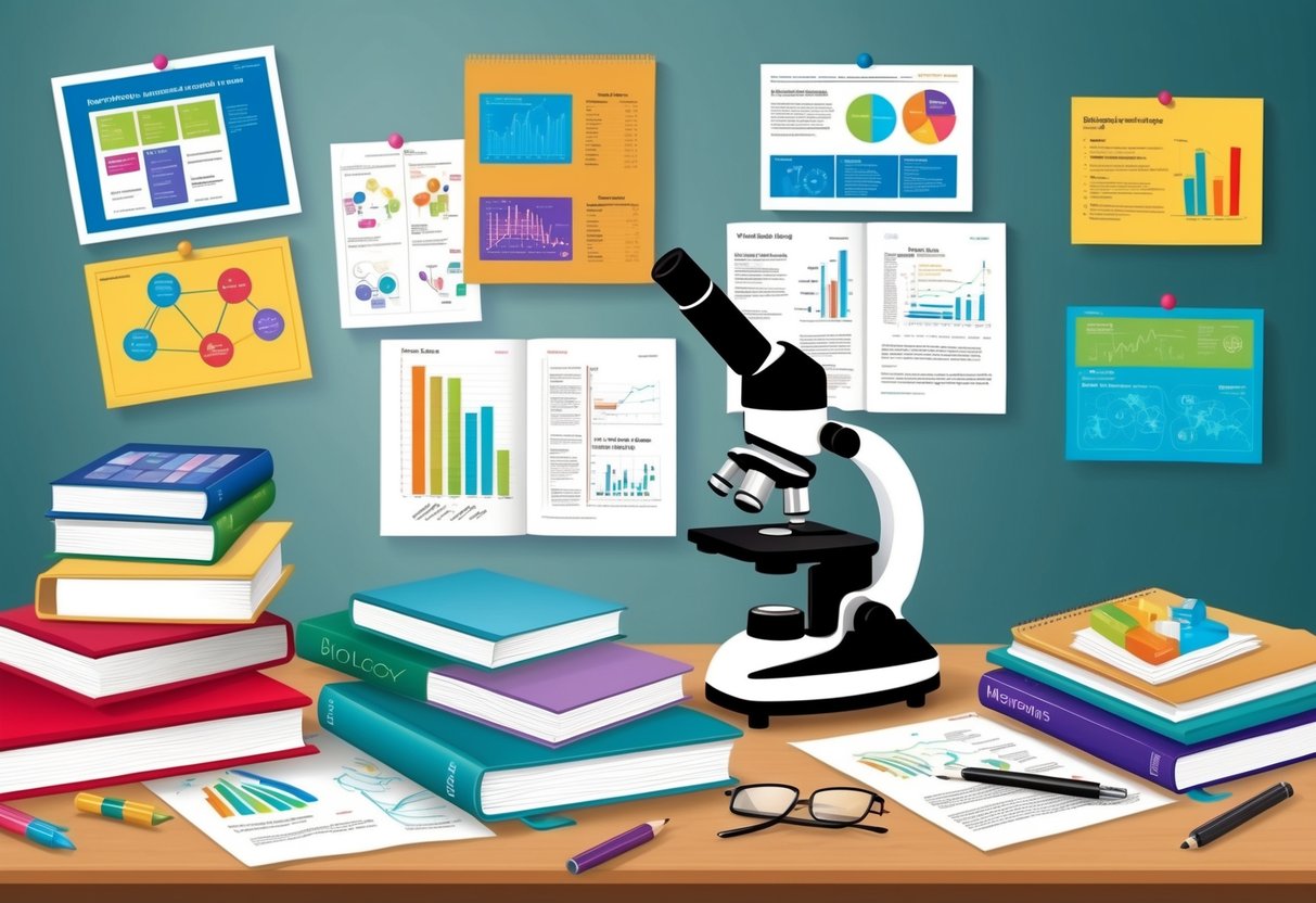 A microscope and various biology textbooks and research papers scattered on a desk, with colorful diagrams and charts pinned to the wall