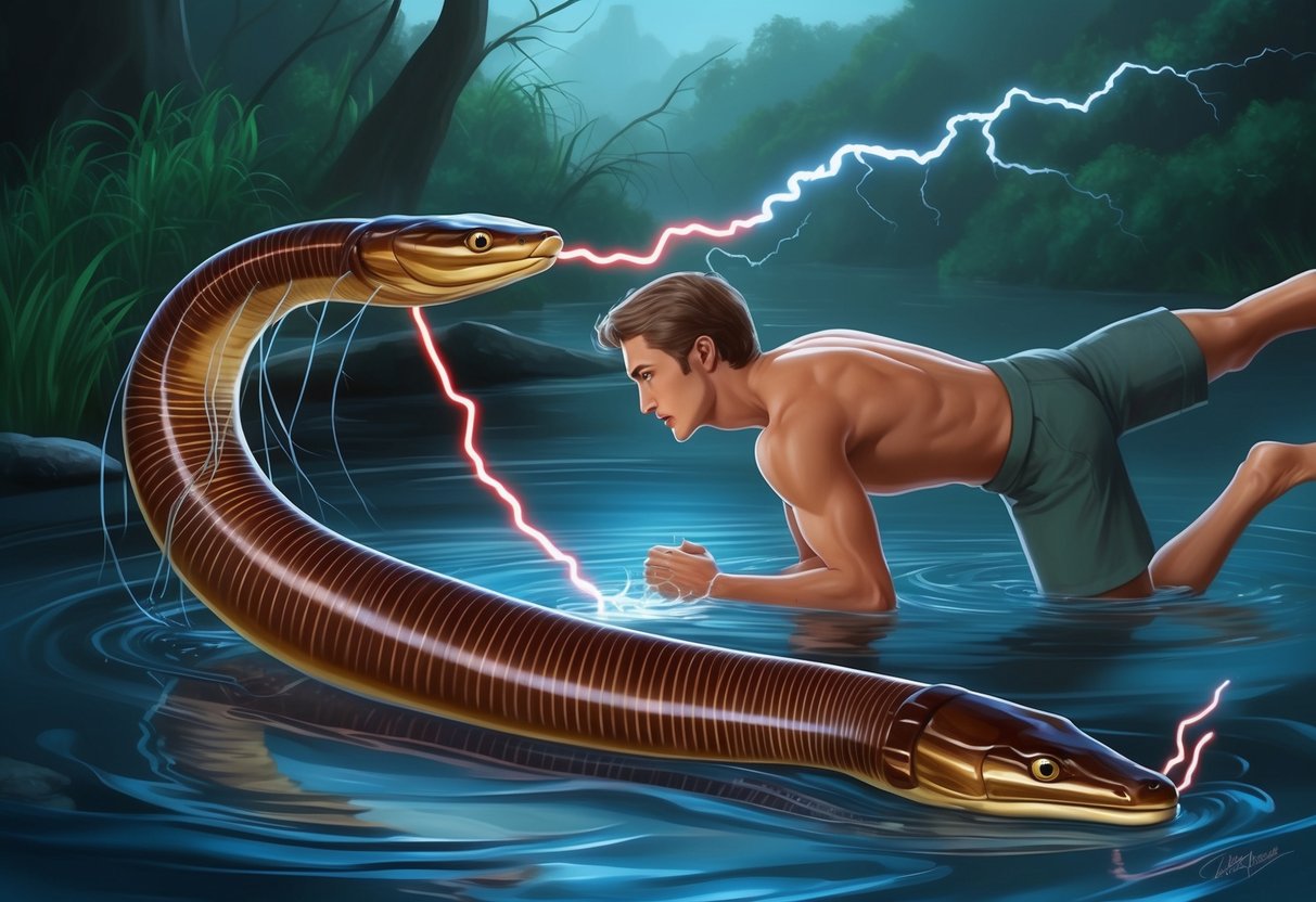 An electric eel shocks a human in a murky river