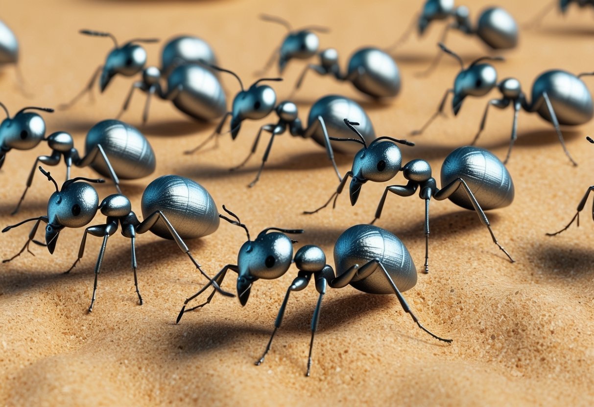 A group of silver ants scurrying across the desert sand, their metallic exoskeletons glinting in the sunlight as they forage for food