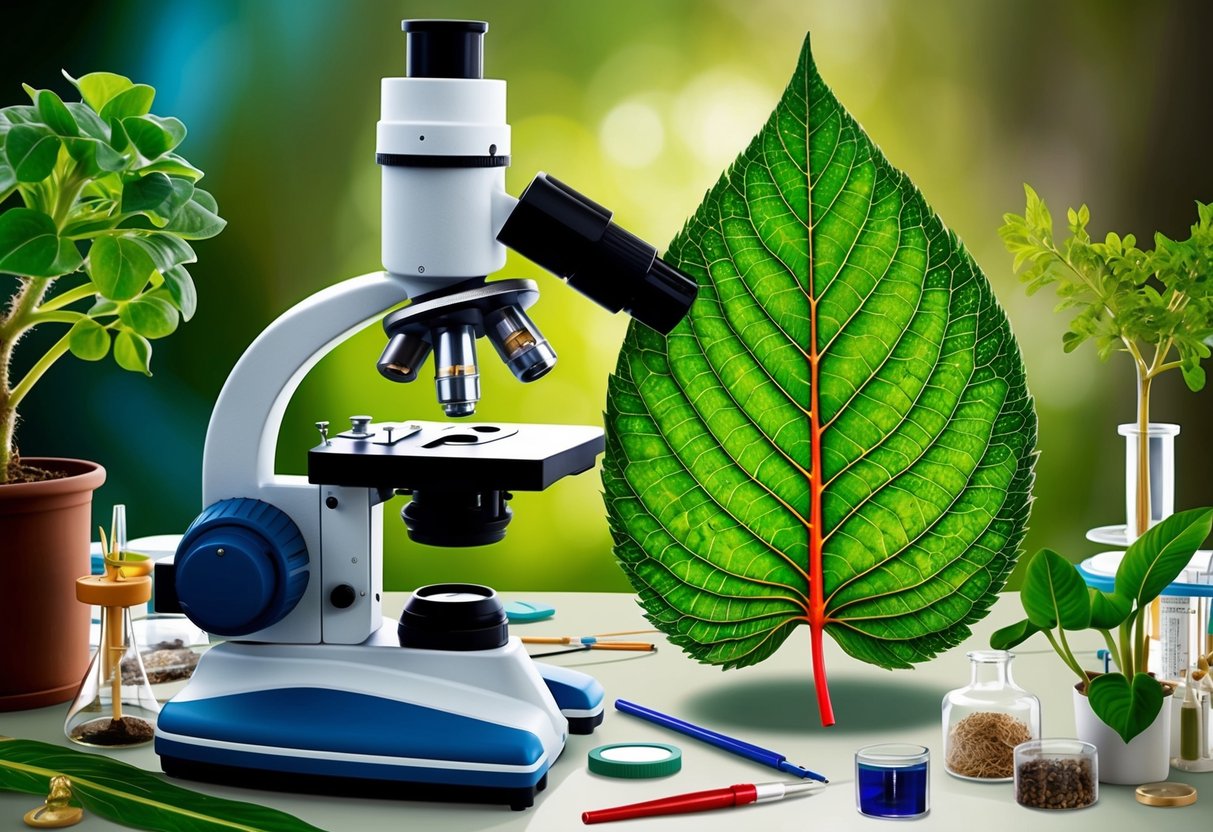 A microscope focused on a vibrant leaf with intricate veins, surrounded by various plant specimens and scientific equipment