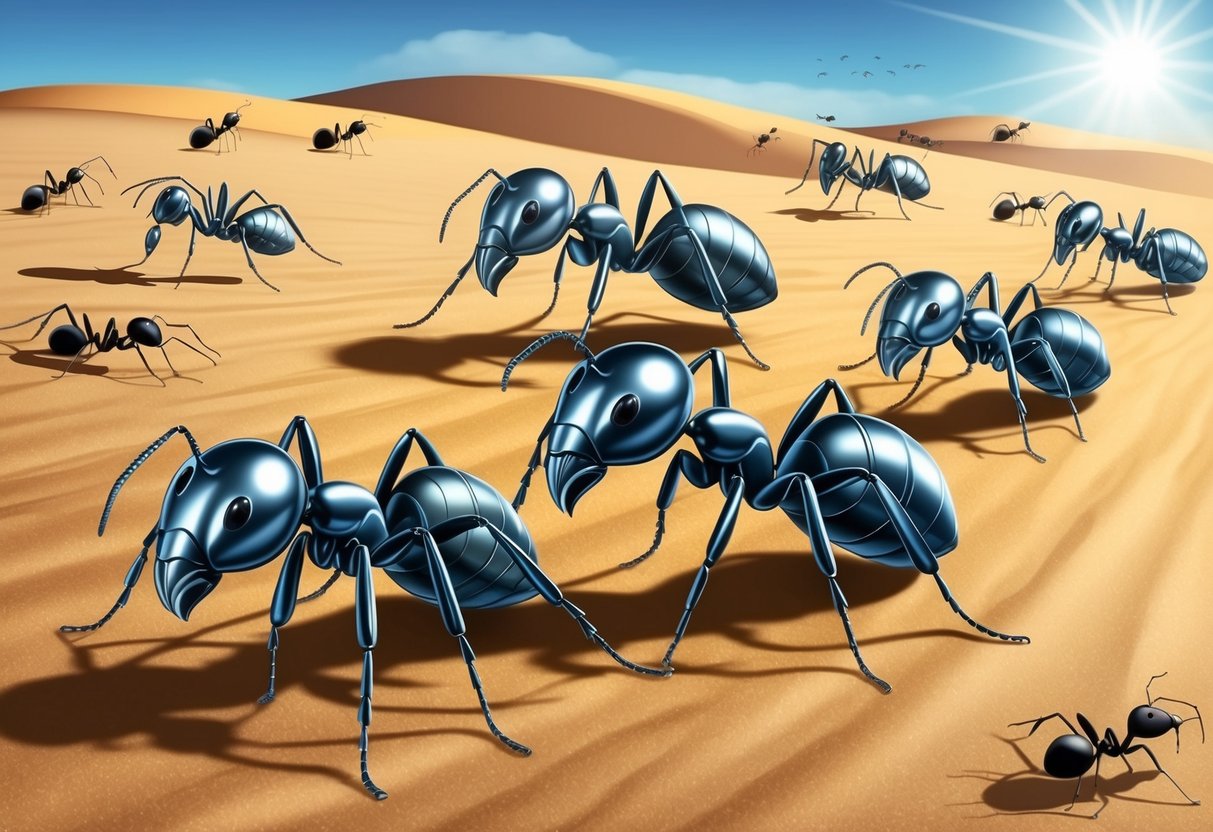 Silver ants scurrying across desert sands, their shiny bodies glistening in the sunlight, while other species of ants move at a slower pace nearby