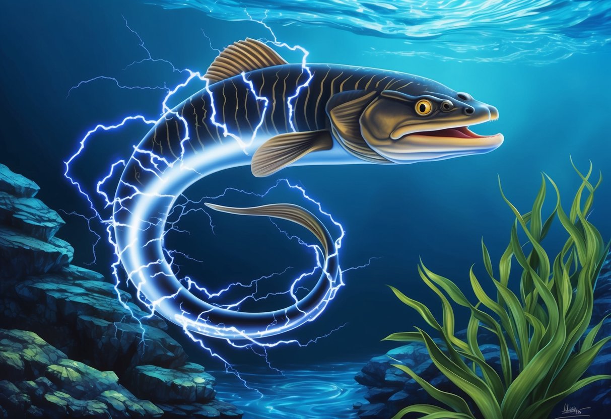 An electric eel crackles with energy, surrounded by swirling water and aquatic plants