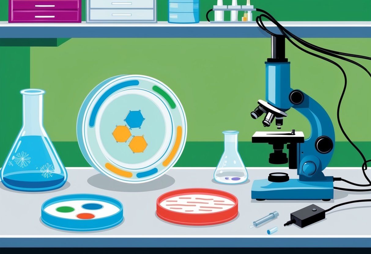 A petri dish with various agar plates, a microscope, and lab equipment on a laboratory bench