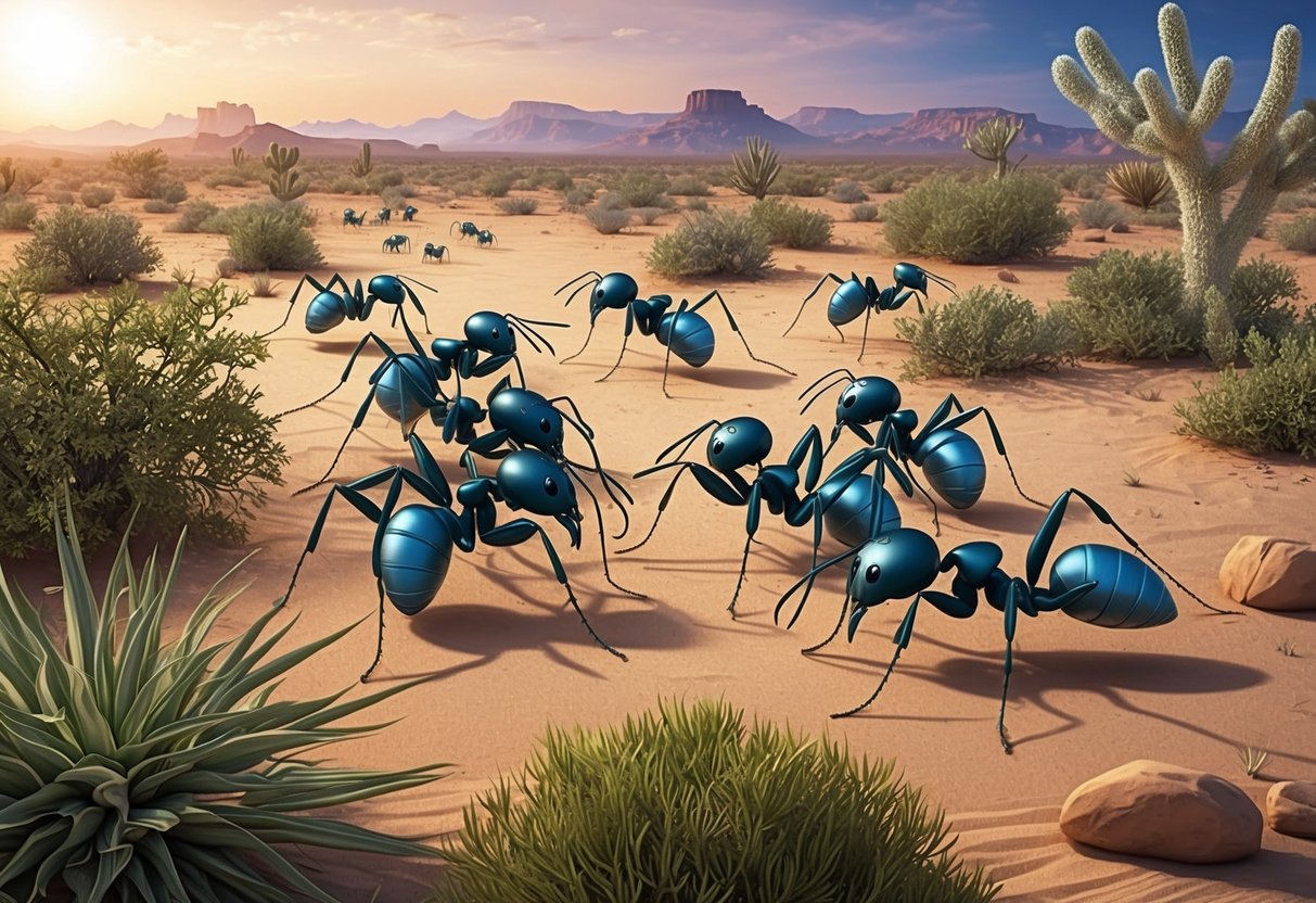 A group of silver ants foraging in a desert landscape, with sparse vegetation and intense sunlight