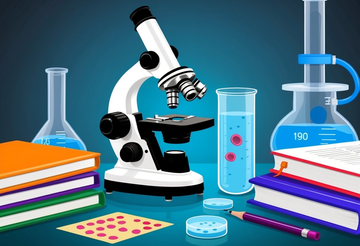 A microscope and petri dish with cell samples, surrounded by biology textbooks and scientific equipment on a lab table