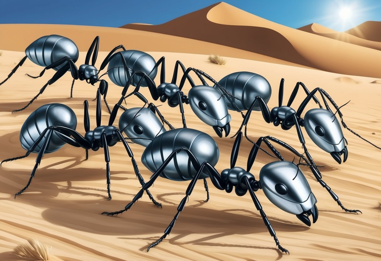 A group of silver ants navigate a desert landscape, their metallic exoskeletons gleaming in the sunlight as they demonstrate their remarkable speed and agility