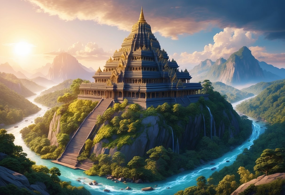 A majestic temple stands atop a mountain, surrounded by lush greenery and flowing rivers, with the sun casting a golden glow on the ancient structure