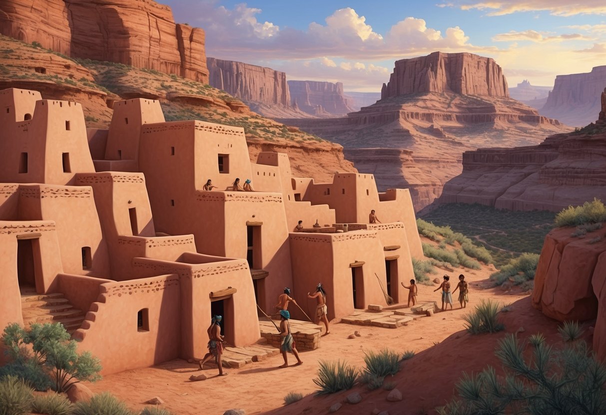 Anasazi Indians building adobe dwellings in a desert canyon