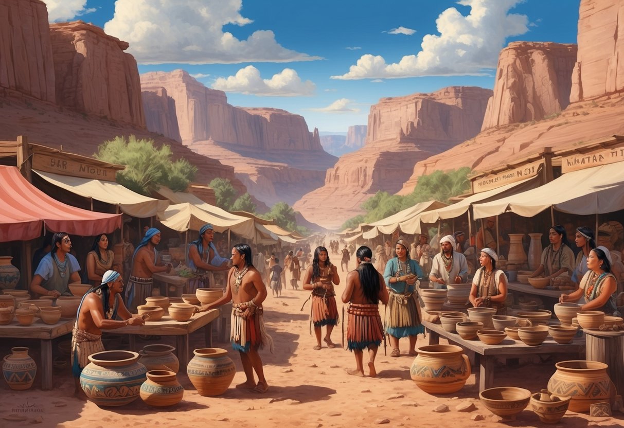 Anasazi Indians trading pottery and textiles at a bustling marketplace in a desert canyon