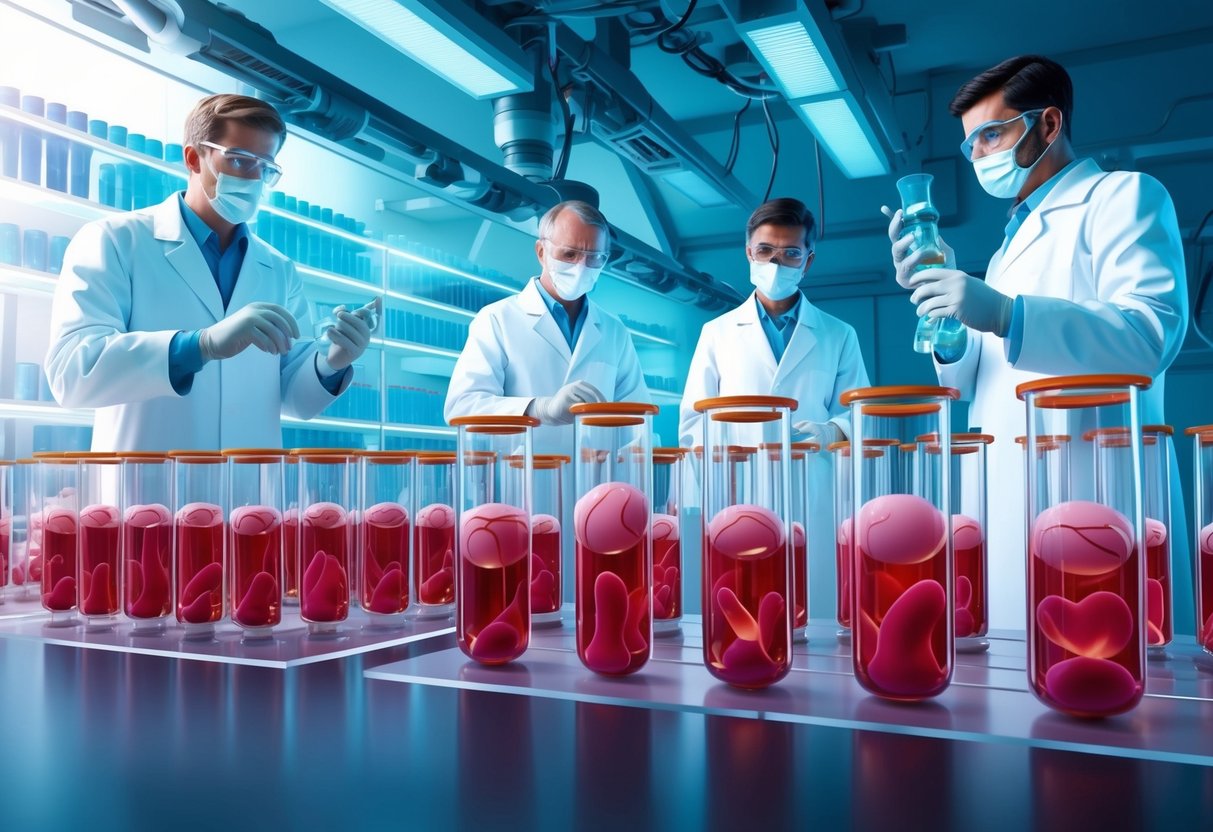 A futuristic laboratory with rows of test tubes containing genetically modified embryos.</p><p>Scientists in white lab coats monitor the process