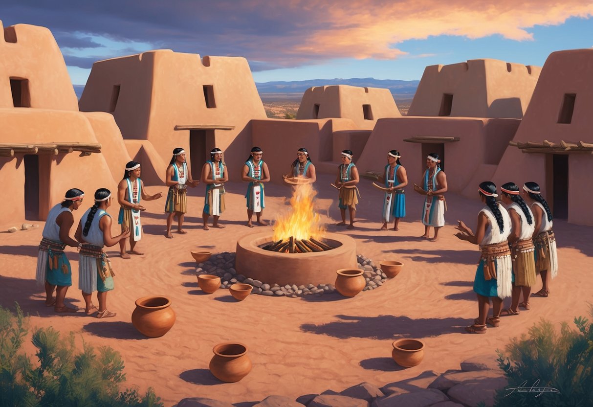 Anasazi Indians perform a ceremonial ritual around a central fire pit, surrounded by adobe dwellings and pottery