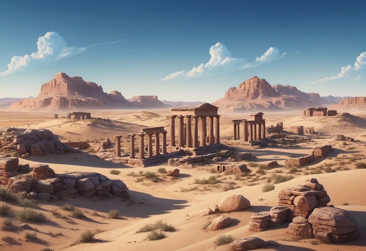 A desert landscape with ancient ruins and rocky terrain under a clear blue sky