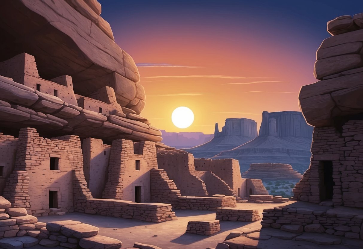 The sun sets behind the ancient Anasazi cliff dwellings, casting long shadows over the abandoned stone structures