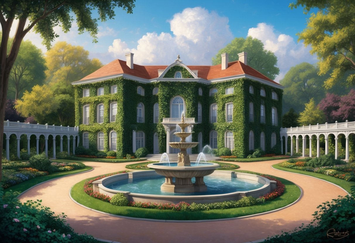 A grand, ivy-covered building nestled among lush gardens and winding pathways, with a majestic fountain at the center