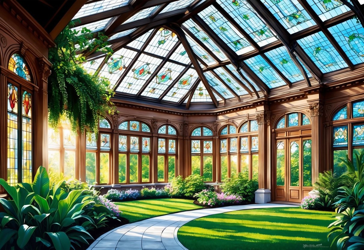 A grand conservatory with ornate architecture, lush greenery, and sunlight streaming through stained glass windows