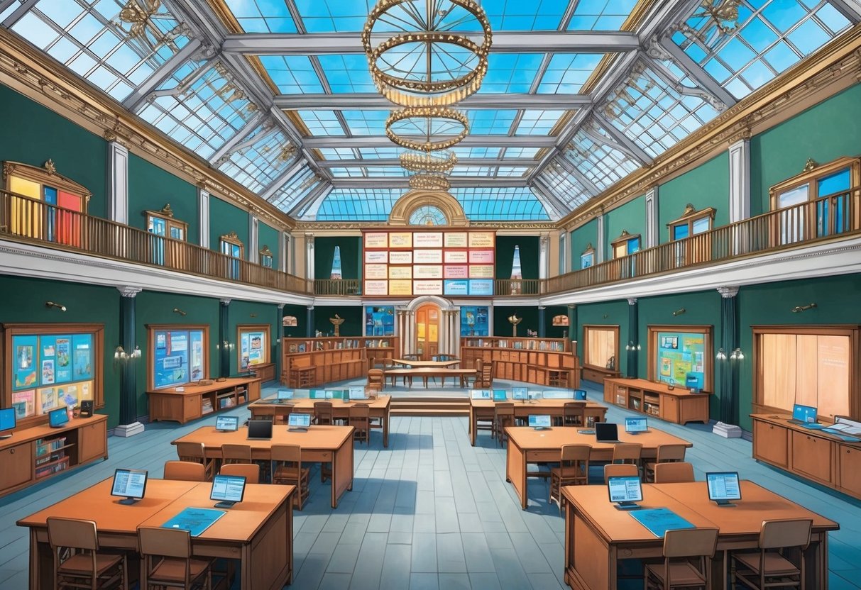 A grand conservatory with various specialized classrooms and a central curriculum display