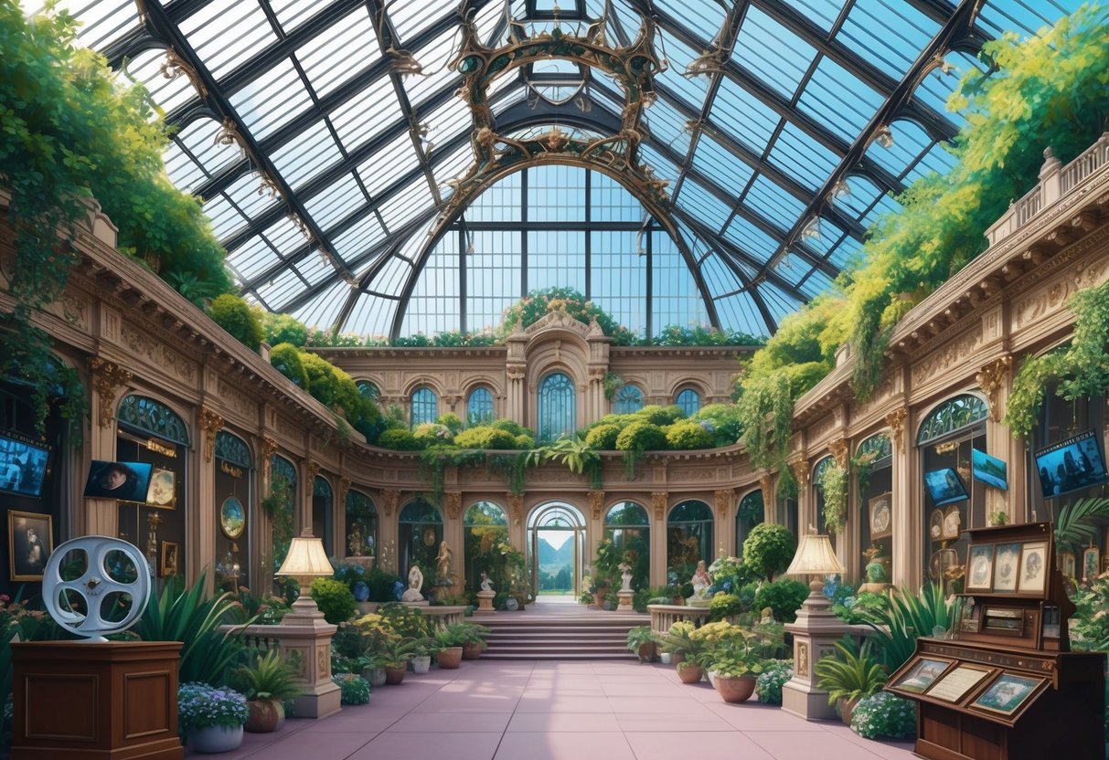 A grand, ornate conservatory filled with lush greenery and elegant architecture, with film reels and cultural artifacts displayed throughout