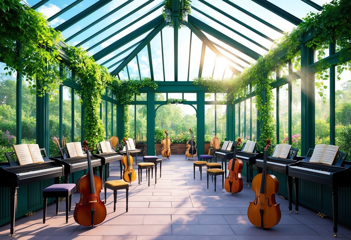 A serene conservatory with lush greenery and sunlight streaming through the glass roof, surrounded by classical instruments and music stands