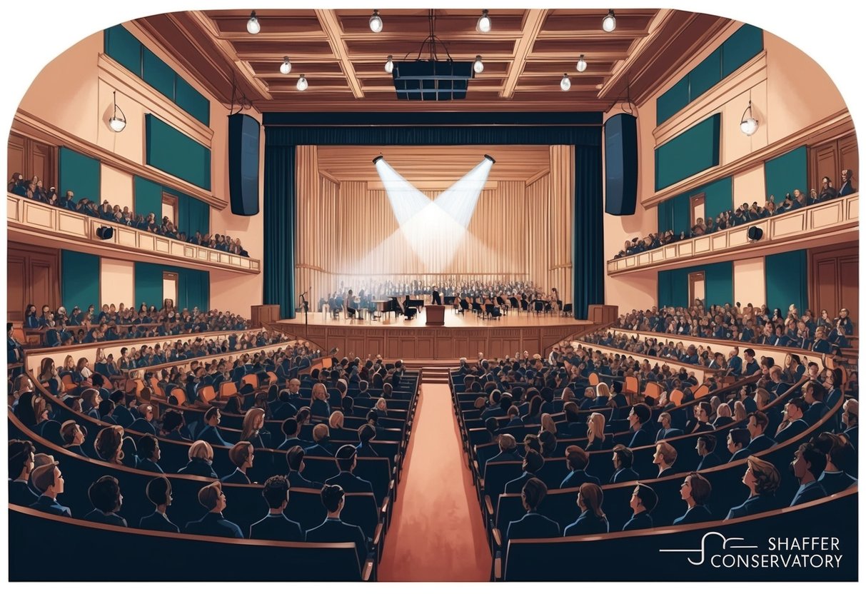 A grand concert hall at Shaffer Conservatory, filled with a hushed audience and a spotlight on the stage