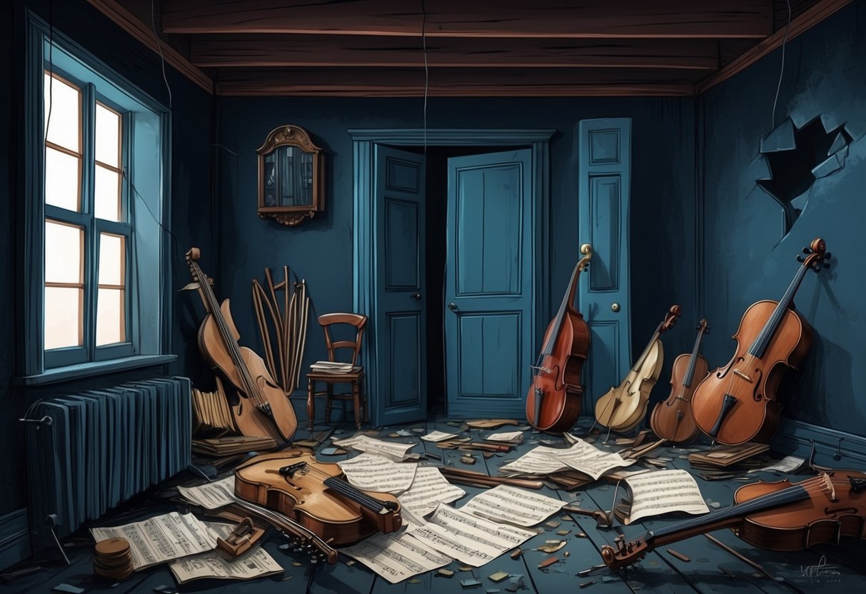 A dark, cramped room with broken instruments and scattered sheet music.</p><p>Tension in the air