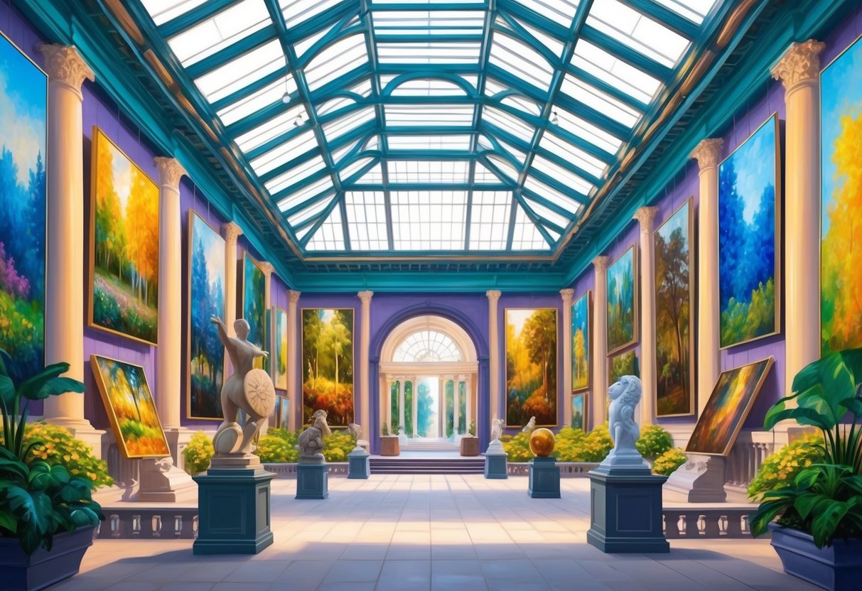 A grand conservatory filled with vibrant, larger-than-life paintings and sculptures.</p><p>The soft glow of natural light illuminates the space, creating an atmosphere of artistic perfection