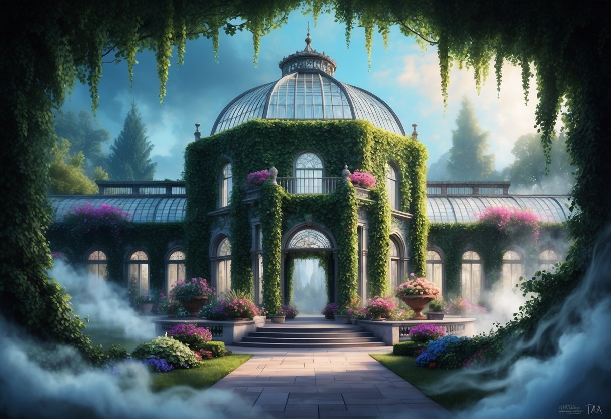 A grand, ivy-covered conservatory with ornate architecture and vibrant flora, surrounded by swirling mist and the whispers of ancient tales