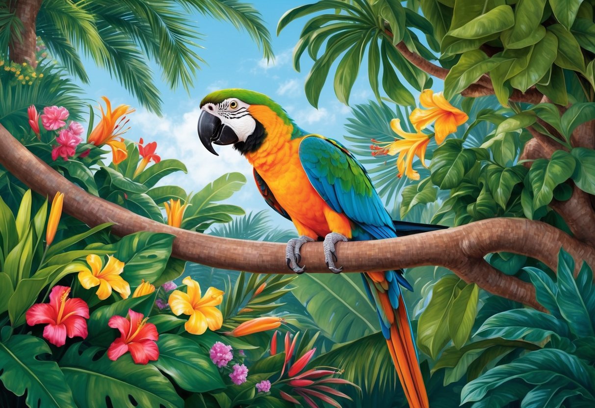 A parrot perched on a lush, tropical tree branch surrounded by vibrant foliage and colorful flowers