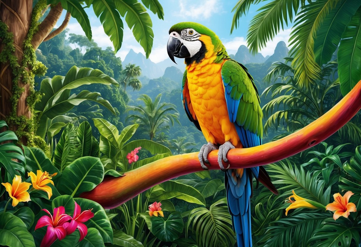 A parrot perches on a vibrant tree branch in a tropical rainforest, surrounded by lush green foliage and colorful flowers