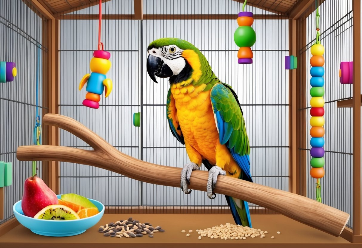 A parrot perches on a wooden branch inside a spacious cage, surrounded by colorful toys and perched next to a dish of fresh fruit and seeds