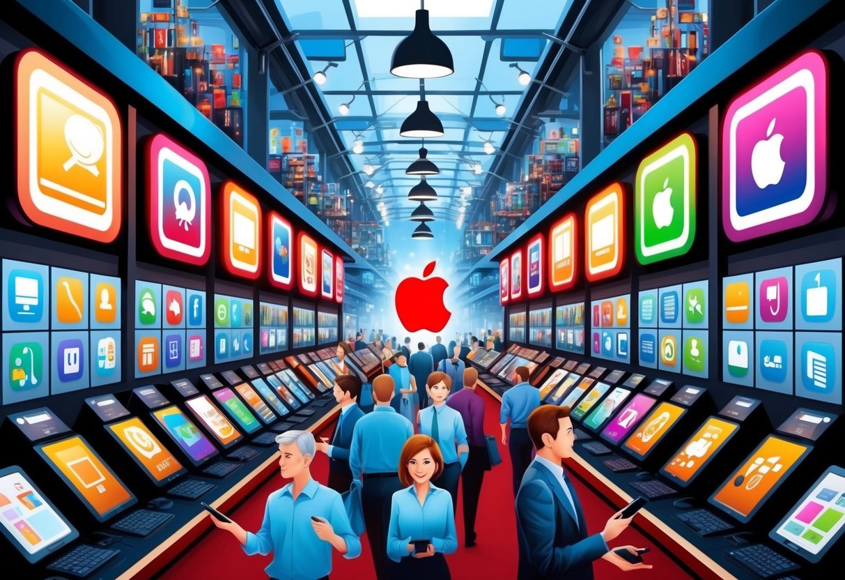 A bustling marketplace of digital icons, with a prominent apple symbol at the center